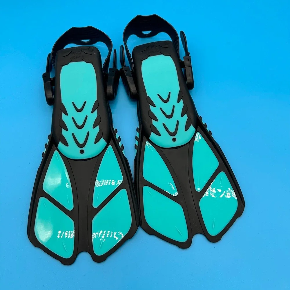 CAPAS Snorkel Fins Black Teal Open‎ Heel Adjustable Travel Flippers S/MD JR 9-13